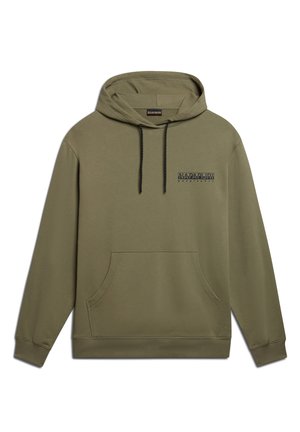 Olivgrüner Hoodie, Mischgewebe, Kängurutasche, verstellbare Kapuze mit schwarzen Kordeln, kleines Logo auf der Brust, gerippte Bündchen und Saum.