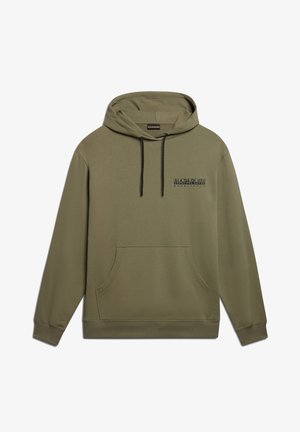 Olivgrüner Hoodie, Mischgewebe, Kängurutasche, verstellbare Kapuze mit schwarzen Kordeln, kleines Logo auf der Brust, gerippte Bündchen und Saum.