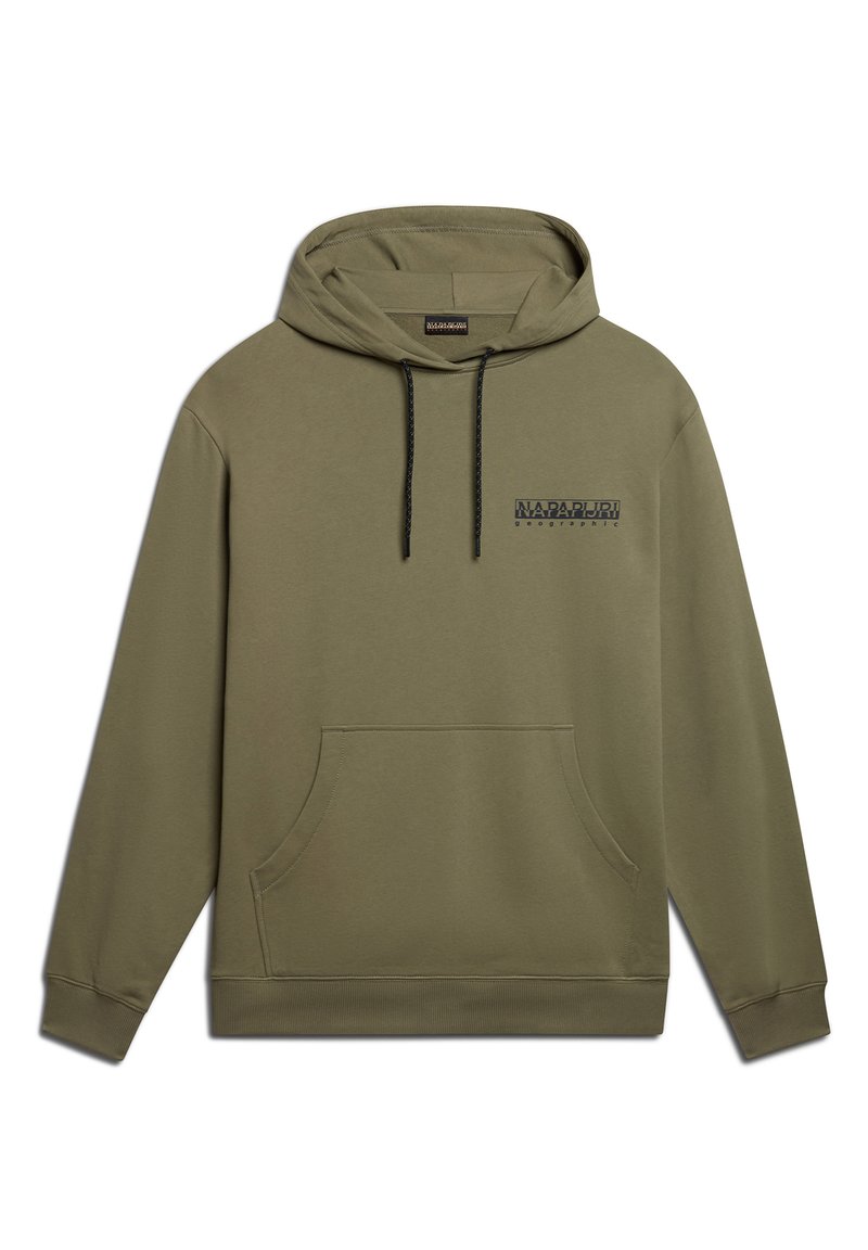 Sweat à capuche vert olive, en mélange de coton, poche kangourou, capuche ajustable avec cordons noirs, petit logo sur la poitrine, poignets et ourlet côtelés.