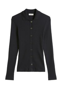 Marineblauer gerippter Cardigan aus Strickmaterial, mit einem Kragen-Ausschnitt, sieben vorderen Knöpfen und langen Ärmeln.