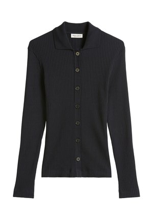 Navy geribde cardigan van gebreid materiaal, met een kraag, zeven knopen aan de voorkant en lange mouwen.