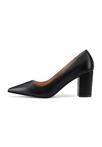Décolleté nera in pelle con punta affilata, superficie texture e tacco a blocco. L'interno è liscio, mostrando un design classico.