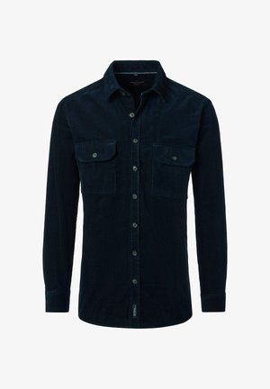 Dark blue corduroy shirt with long sleeves, button-up front, two chest pockets, and button accents. Textured fabric with ribbed pattern.
