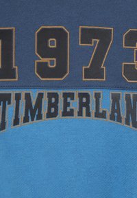 Felpa blu con "1973" e "TIMBERLAND" in grassetto, con testo nero e bordi arancioni. Il tessuto appare liscio e uniformemente strutturato.