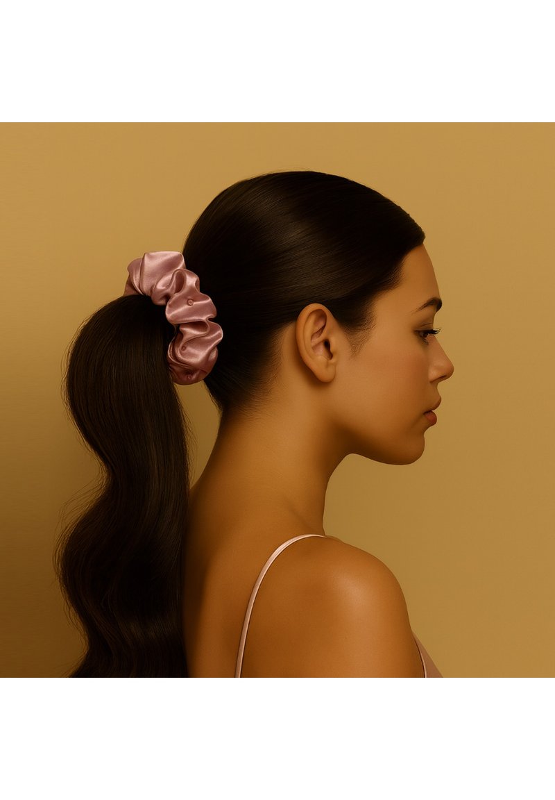 Scrunchie rosa satinato che tiene una lunga coda di cavallo scura, su uno sfondo beige caldo. Texture liscia con design in tessuto arricciato.