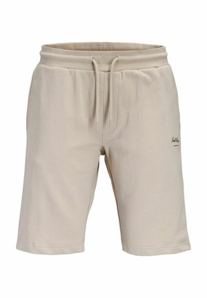 Beige katoenen shorts met elastische tailleband, verstelbare trekkoord, zijzakken en een klein logo op de linker dij.