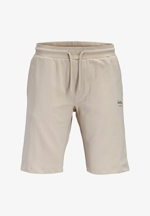 Beige Baumwollshorts mit elastischem Bund, verstellbarem Kordelzug, Seitentaschen und kleinem Logo am linken Oberschenkel.