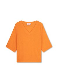 Korte mouwen, V-hals trui in fel oranje, gemaakt van zacht materiaal met een losse pasvorm en geribde boorden en onderzoom. Etiket zichtbaar in de kraag.