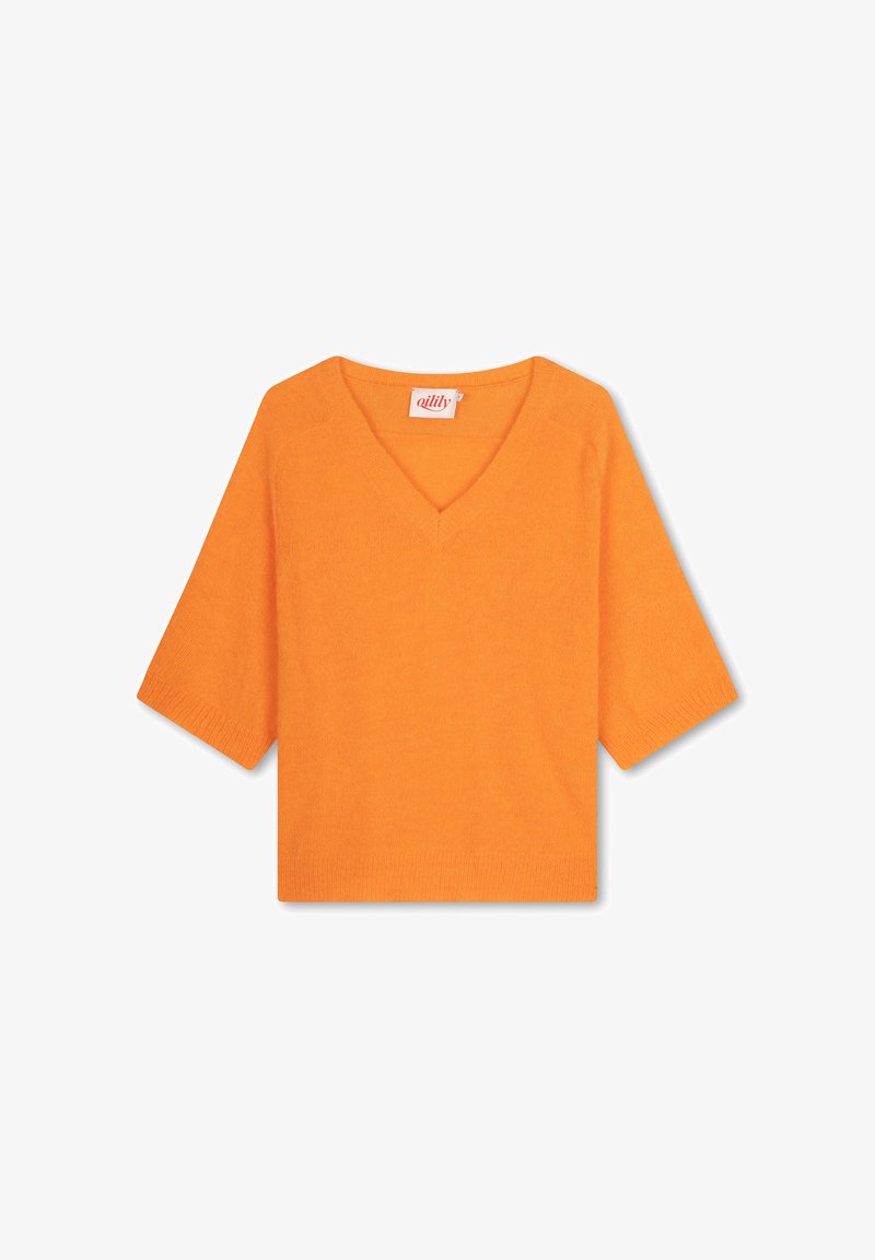 Korte mouwen, V-hals trui in fel oranje, gemaakt van zacht materiaal met een losse pasvorm en geribde boorden en onderzoom. Etiket zichtbaar in de kraag.