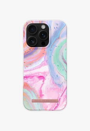 Marble-patterned phone case featuring swirling pastel colors of pink, blue, green, and orange; includes a logo plate at the bottom.