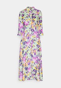 Kukkamekko kauluksella, jossa on violetit, keltaiset ja vihreät kuviot. Valmistettu kevyestä materiaalista, jossa on kolme neljännestä hihoista ja nappisulku.