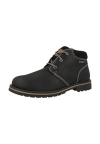 Black leather ankle boots with beige stitching, lace-up design, and a rugged rubber sole. Features a suede collar and metal accents.