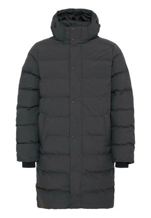 Polstret sort frakke med høj krave, trykknaplukning og ribbede manchetter. Glat tekstur med en lige silhuet og uden synlige mønstre.