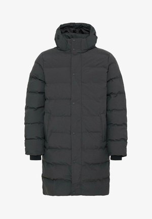 Polstret sort frakke med høj krave, trykknaplukning og ribbede manchetter. Glat tekstur med en lige silhuet og uden synlige mønstre.