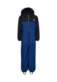 Monoski aislante en azul y negro con cremallera, capucha y puños elásticos. Presenta un logo en el pecho y tirantes ajustables en las piernas.