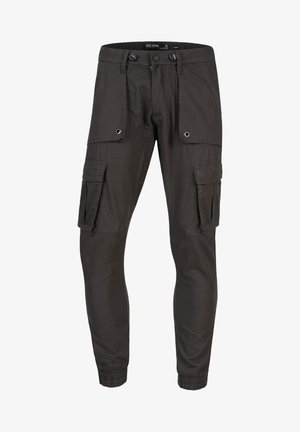 Cargo-Hose aus dunkelgrauem Stoff mit mehreren Seitentaschen, einem verstellbaren Kordelzugbund und elastischen Bündchen. Strukturierte Oberfläche und praktisches Design.