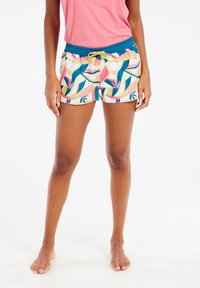 Costumi da bagno colorati con una vita elastica blu, caratterizzati da un motivo a foglie nei toni del rosa, verde e blu. Materiale leggero e traspirante.