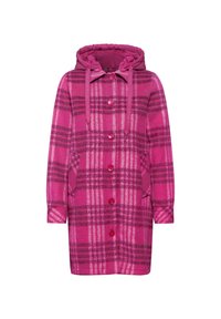 Chaqueta exterior a cuadros rosa y púrpura, material de forro polar, diseño con capucha, botones frontales, bolsillos laterales y cordones contrastantes.