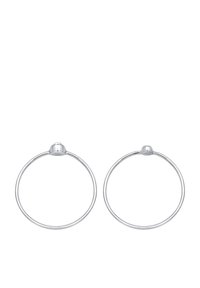 Pendientes de aro de plata con un diseño circular y suave, adornados con una pequeña perla redonda en la parte superior. Metal pulido con un acabado reflectante.