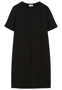 Robe T-shirt noire en tissu doux, avec des manches courtes roulées et un col rond. Silhouette simple et droite sans motifs.