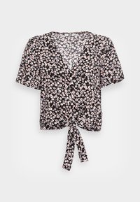 Schwarze Bluse mit kurzen Ärmeln und Druck von weißen und roten Gänseblümchen, V-Ausschnitt, Knöpfen an der Vorderseite und Knoten am Saum.