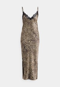 Leopardmønstret satenglinned kjole med svart blonderkant, spaghetti-stropper og sidesplitter for bedre bevegelse. Glatt tekstur, mid-lengde design.