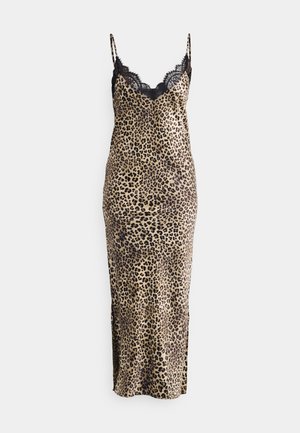 Leopardmønstret satenglinned kjole med svart blonderkant, spaghetti-stropper og sidesplitter for bedre bevegelse. Glatt tekstur, mid-lengde design.