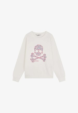 Sudadera blanca de manga larga con un diseño colorido de calavera floral y huesos cruzados. Detalles notables incluyen contornos rosas y logo.