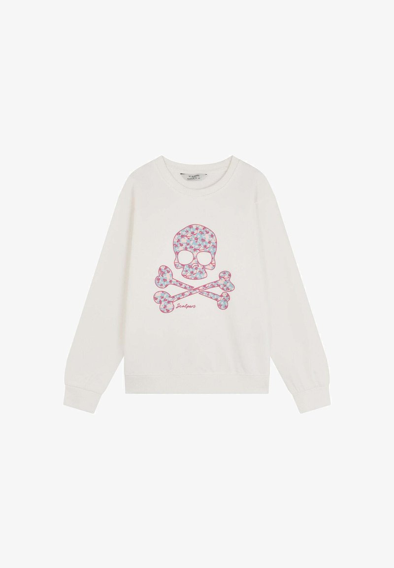 White sweatshirt with long sleeves featuring a colorful floral skull design and crossbones. Notable accents include pink outlines and logo.