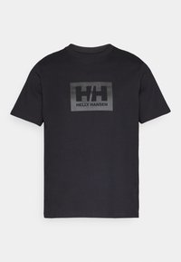 T-shirt noir à manches courtes avec le logo Helly Hansen en gris foncé sur la poitrine, col rond, fond uni.