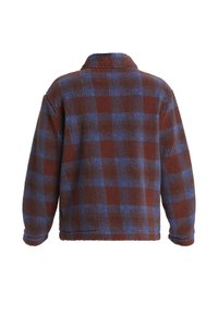 Veste en flanelle à carreaux avec un motif à damier marron et bleu, coupe décontractée et col. Tissu doux et texturé.
