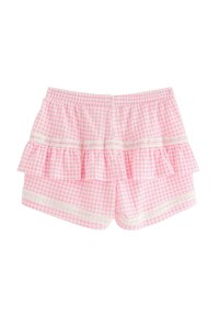 Roze geruite short met een gelaagde ruches ontwerp, elastische tailleband en kantafwerking. De stof heeft een geruit patroon door het geheel.