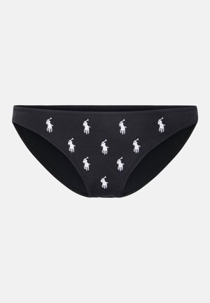 Bas de bikini noir avec un motif de joueurs de polo brodés en blanc. Fabriqué en tissu doux, il a une coupe classique et une texture lisse.