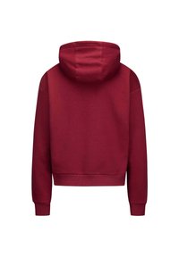 Felpa corta bordeaux con tasca frontale a marsupio, polsini a coste e cappuccio con cordino. Texture morbida, vestibilità rilassata, senza branding visibile.