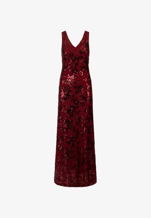 Langes burgunderfarbenes Abendkleid mit V-Ausschnitt, ärmellosem Design, verziert mit Paillettenblumenmustern und einer taillierten Taille.