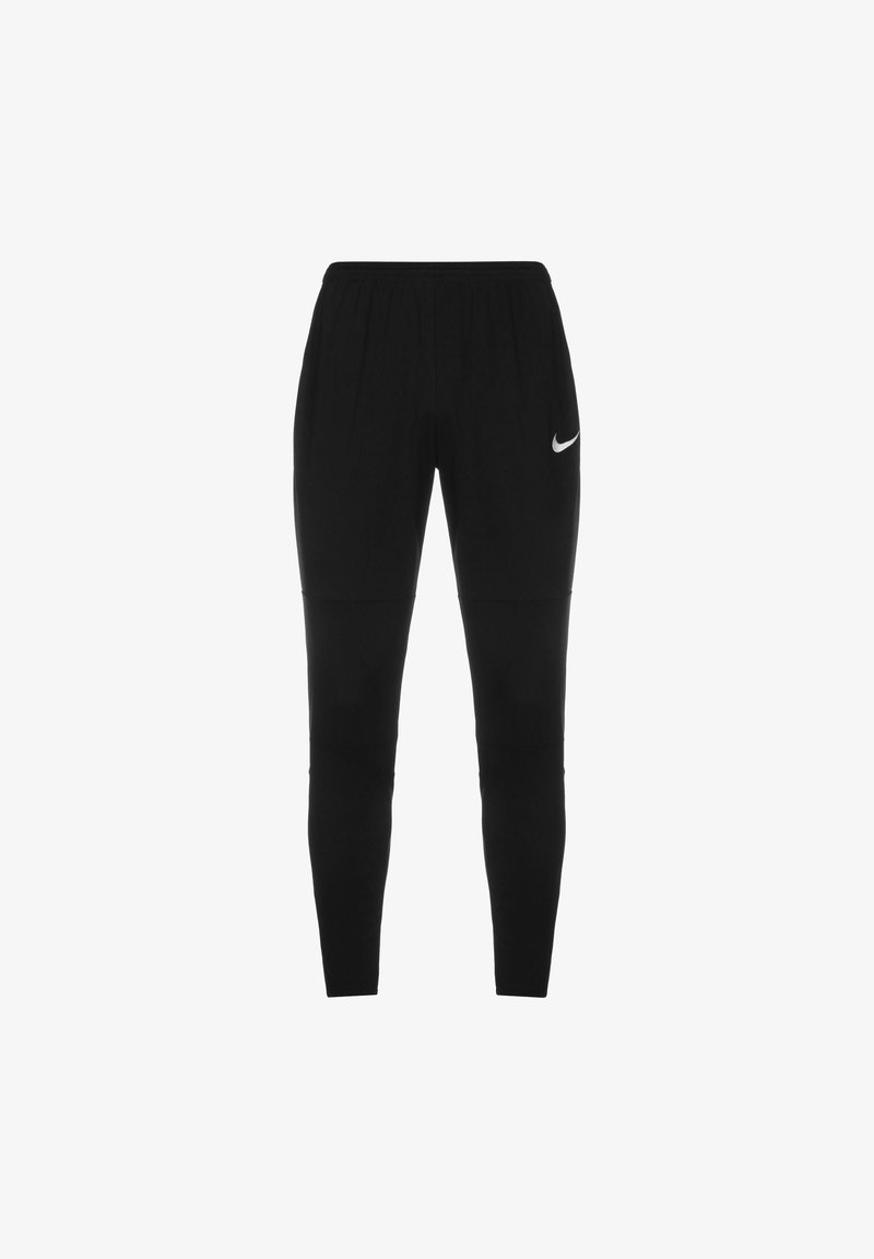 Pantalon de sport noir slim-fit avec taille élastique et logo Nike blanc sur la cuisse droite, présenté sur fond blanc.