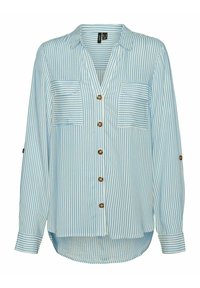 Camisa de manga larga a rayas azul y blanca, de tela ligera, con botones en la parte delantera, dos bolsillos en el pecho y dobladillo redondeado.