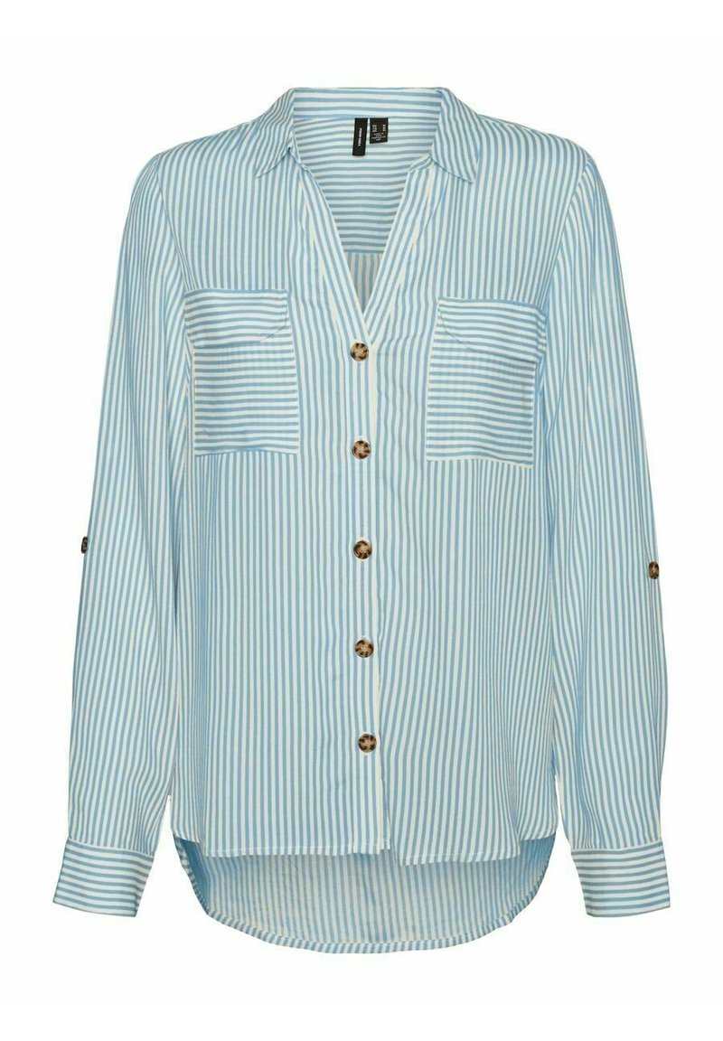 Camisa de manga larga a rayas azul y blanca, de tela ligera, con botones en la parte delantera, dos bolsillos en el pecho y dobladillo redondeado.