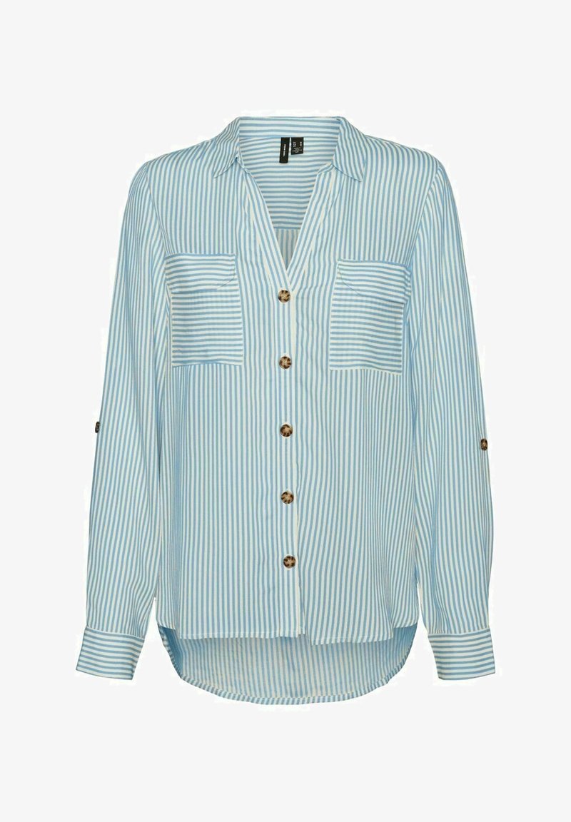 Camisa de manga larga a rayas azul y blanca, de tela ligera, con botones en la parte delantera, dos bolsillos en el pecho y dobladillo redondeado.