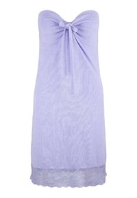 Vestido lila sin mangas con detalle de nudo en la parte delantera y con media de encaje en el dobladillo. Hecho de una tela suave y texturizada, adecuado para el uso casual.