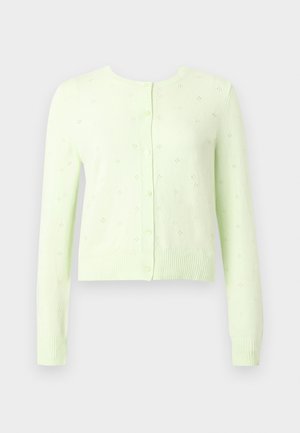 Cardigan vert clair en tricot avec manches longues, fermeture à boutons, petit motif ajouré et poignets et ourlet côtelés.