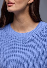 Femme aux longs cheveux bruns portant un pull en tricot bleu clair, montrant son cou, son menton et ses lèvres sur un fond gris.
