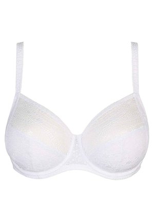 Valkoinen pitsirintaliivit, joissa on sileä, puoliläpinäkyvä materiaali, toppauksellinen tuki ja säädettävät olkaimet klassisella mallilla.