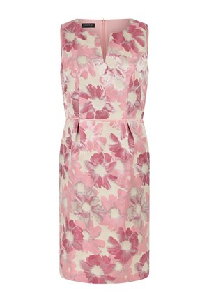 Abito senza maniche al ginocchio con grande motivo floreale rosa e bianco, scollatura a V con intaglio, vita aderente e chiusura posteriore con cerniera.