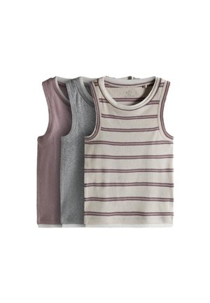 Drie mouwloze peuter tanktops in gedempte kleuren, één beige met paarse strepen, één effen grijs en één effen mauve.