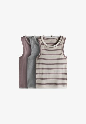 Tre canotte senza maniche per bambini piccoli in colori tenui, una beige con righe viola, una grigia tinta unita e una malva tinta unita.