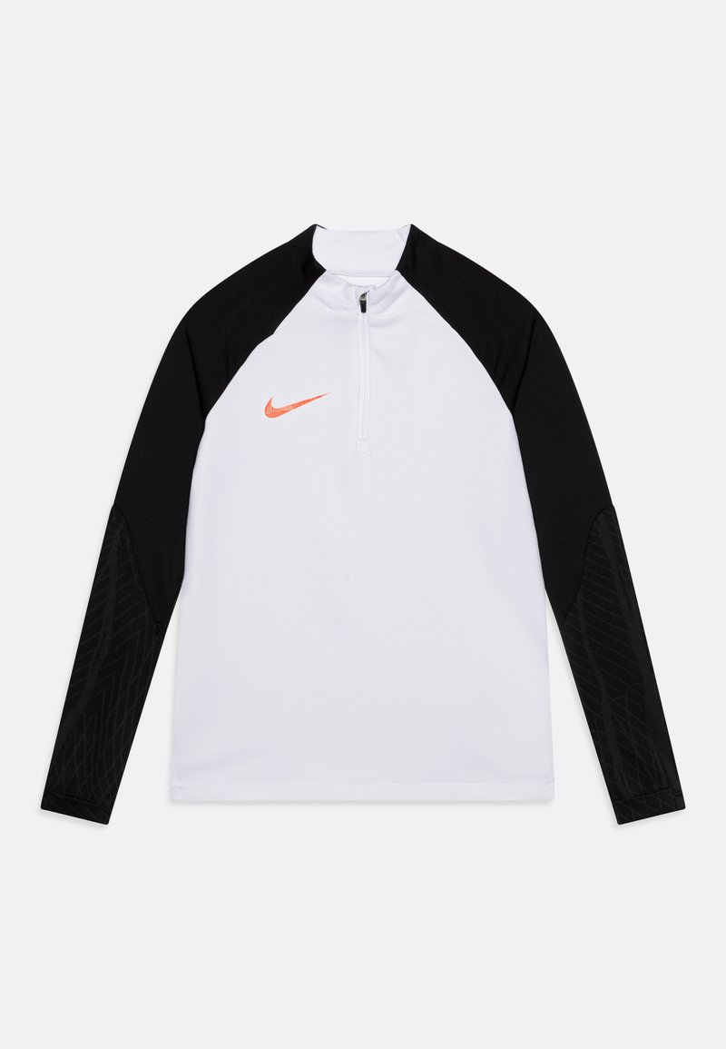 Weißer sportlicher Pullover mit schwarzen Raglanärmeln, ausgestattet mit einem Viertel-Reißverschluss und dem orangefarbenen Nike-Logo auf der Brust. Strukturierte schwarze Akzente an den Ärmeln.