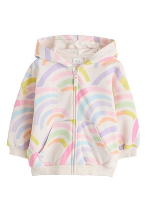 Baby-Kapuzenjacke mit Reißverschluss, pastellfarbenem Regenbogenbogenmuster, Fronttaschen sowie gerippten Bündchen und Saum aus cremefarbenem Stoff.