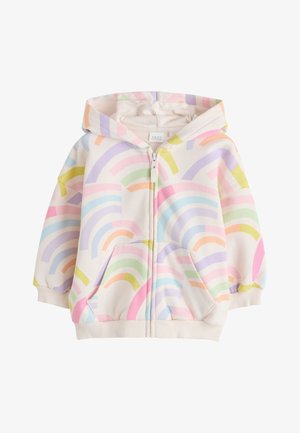 Dziecięca kurtka z kapturem i zamkiem błyskawicznym z wzorem pastelowych łuków tęczy, kieszeniami z przodu oraz ściągaczami przy rękawach i na dole, na kremowej tkaninie.
