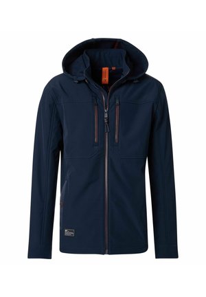 Navy softshell jacket with a hood, featuring orange zipper accents and two chest pockets. Smooth texture, fitted design, and adjustable cuffs.
